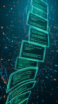 Abstract digital display of glowing code snippets on futuristic screens against a dark, circuit-like background, symbolizing technology and data processing.