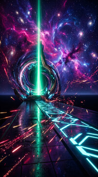 Vibrant nebula and galaxy surround a glowing portal with a green beam, symbolizing discovery and interdimensional travel