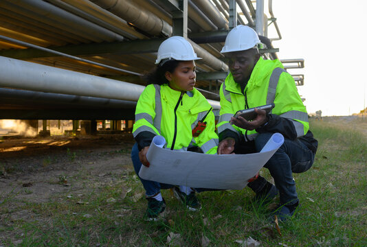 Engineers are inspecting natural gas pipelines in the natural gas and oil industrial park.