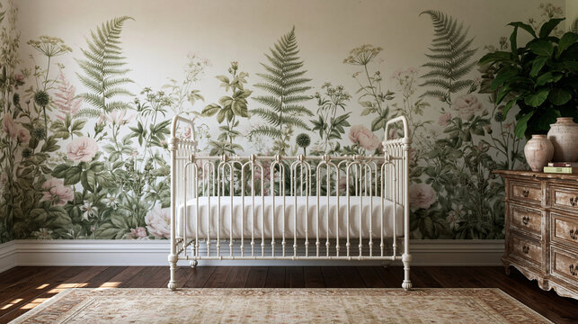 Elegant Vintage Nursery Room Interior with Botanical Wallpaper and Crib
