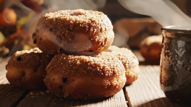 Warm cinnamon sugar apple cider donuts on a wooden table with rising steam and autumn light