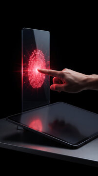 Finger touching glowing red fingerprint on a screen, representing digital identity and biometric authentication, symbolizing security, access and technology