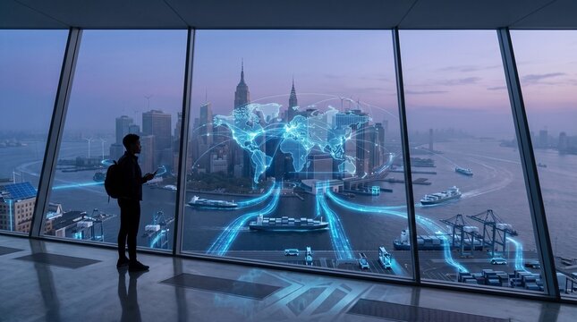 Businessman Looking at Global Logistics and Supply Chain Network