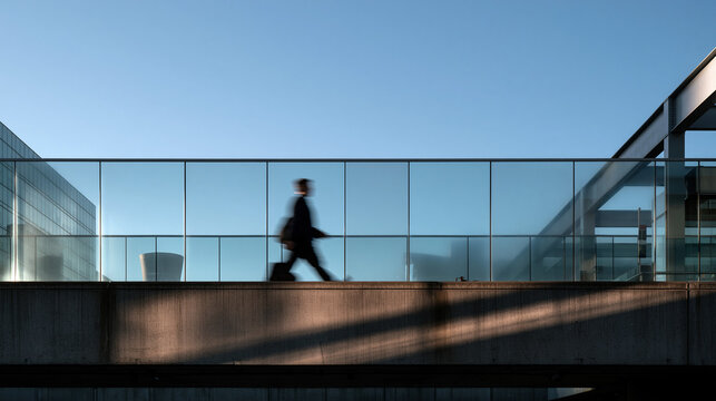 Businessman Walking on Skybridge in Modern Corporate City