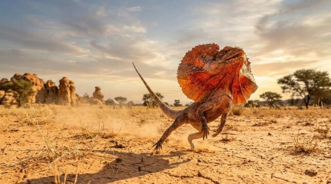 Frilled-neck lizard in an arid Australian desert landscape.