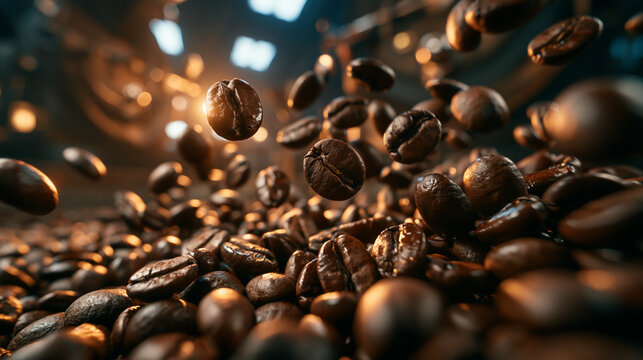 Roasted Coffee Beans Falling in Dynamic Motion Close Up