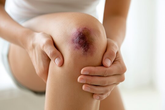 Person holding injured knee with large purple bruise and hematoma after painful accident. Close up view on leg contusion for sports medicine article, healthcare insurance or pain relief ointment ad.