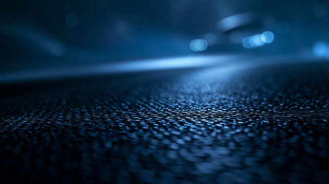 Wet Asphalt Road Surface at Night with Blue Bokeh Lights