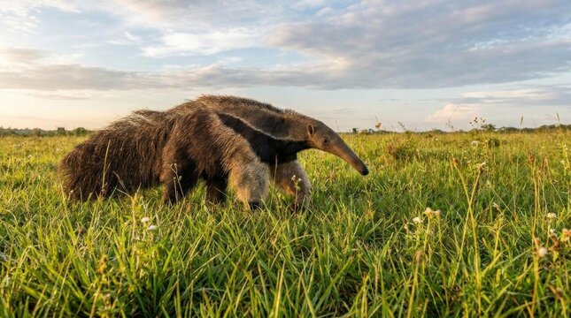 Giant anteater walking through tall grass in savannah.