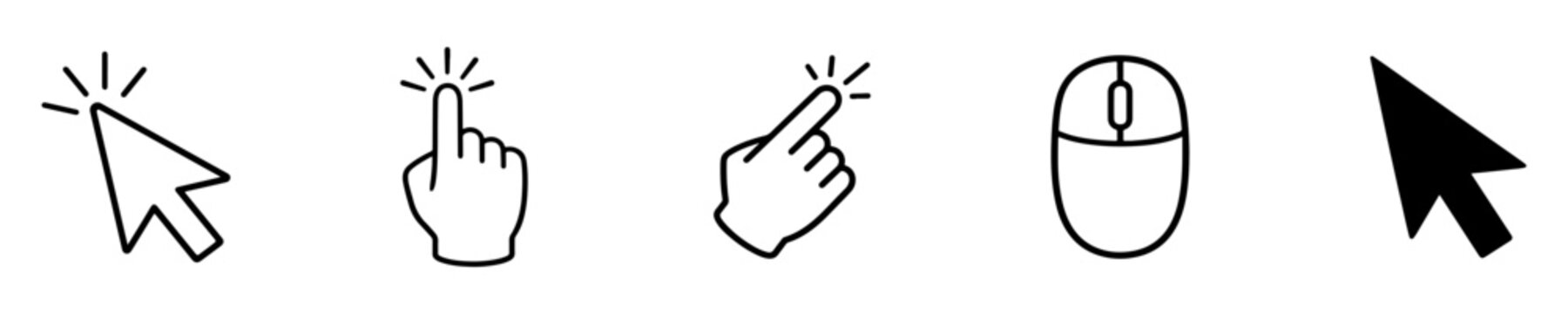 Computer mouse cursor icon set with click, pointer, hand, arrow and loading symbols for UI design.