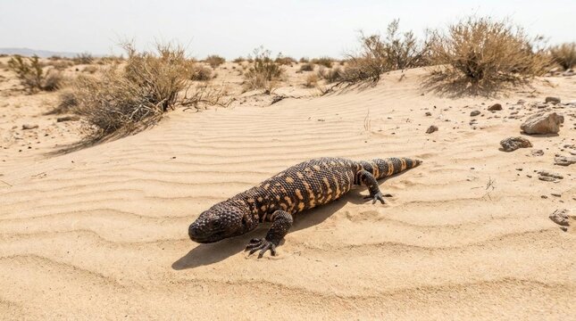 Gila monster lizard crawling on desert sand dunes.