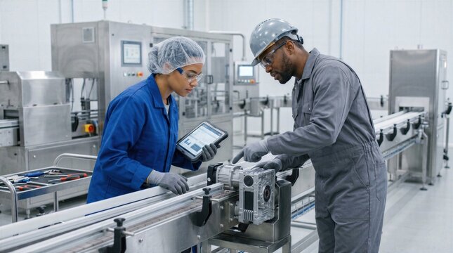 Commercial factory image featuring operator and technician troubleshooting equipment, combining human skill, process stability and professional manufacturing teamwork.