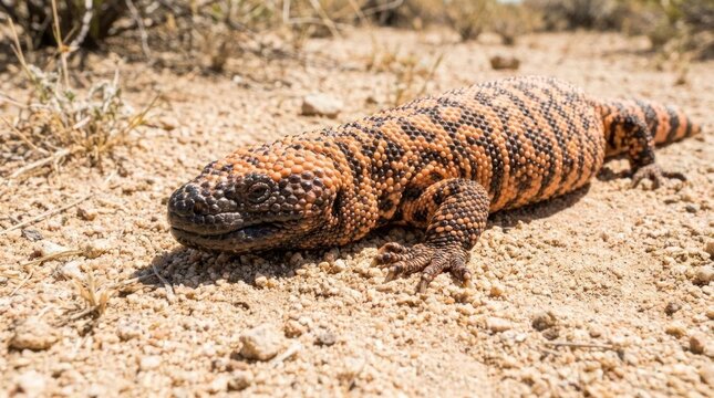 Gila monster lizard on dry desert ground.