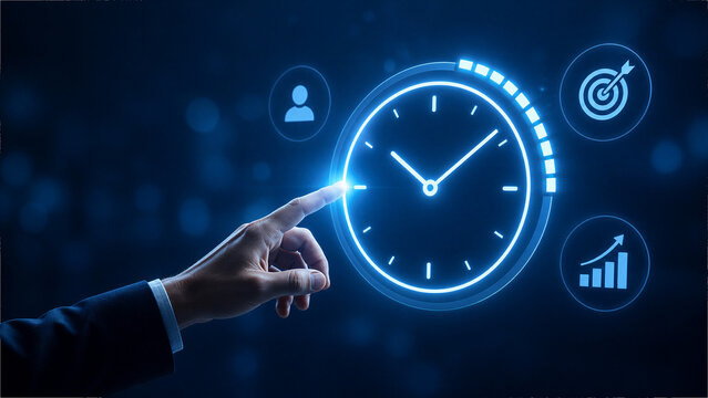 A business hand interacts with a glowing digital clock icon surrounded by various business related icons on a dark blue background representing time management and productivity
