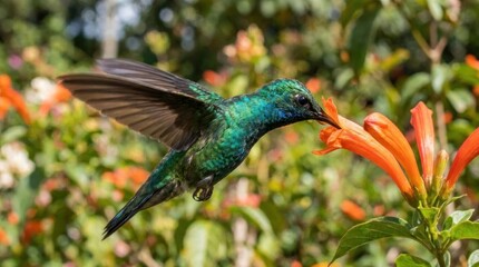 Obraz premium Green hummingbird hovering by orange blossom flower.