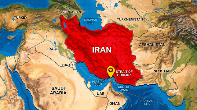 Pixelated map highlighting Iran, its neighbors, and the Strait of Hormuz, representing geopolitical location and regional geography