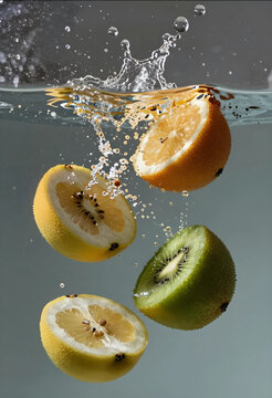Fresh citrus and kiwi halves splashing into clear water with bubbles and ripples, healthy eating and refreshment, this image healthy eating refreshment and the natural goodness of fruit