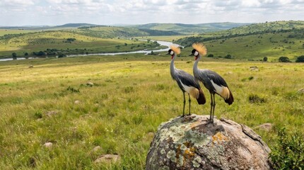 Obraz premium Grey crowned cranes standing on rock in African savanna.