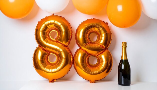 Number 88 Balloon with Champagne Bottle. Orange and White Theme for Birthday or Anniversary Celebration