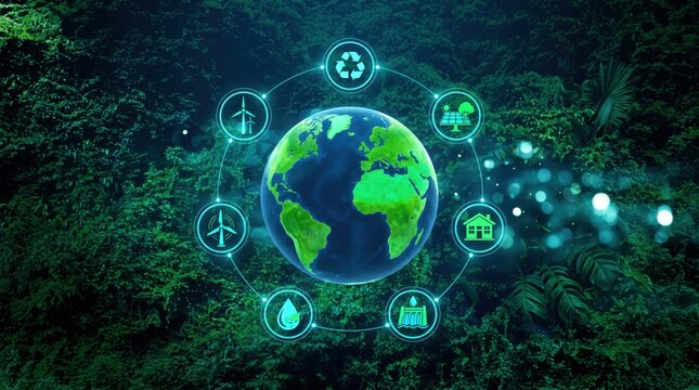 Green earth globe with renewable energy icons, sustainable development, ecology conservation, climate change action, environmental protection, clean power generation, wind turbines