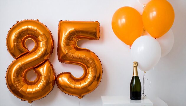 Number 85 Balloon with Champagne Bottle. Orange and White Theme for Birthday or Anniversary Celebration