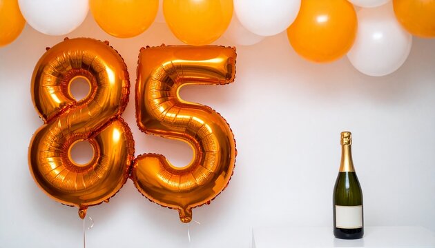 Number 85 Balloon with Champagne Bottle. Orange and White Theme for Birthday or Anniversary Celebration