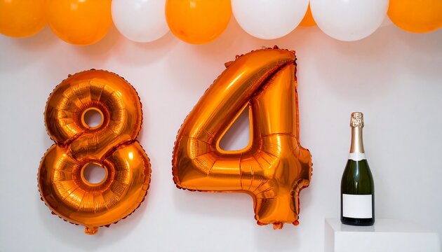 Number 84 Balloon with Champagne Bottle. Orange and White Theme for Birthday or Anniversary Celebration