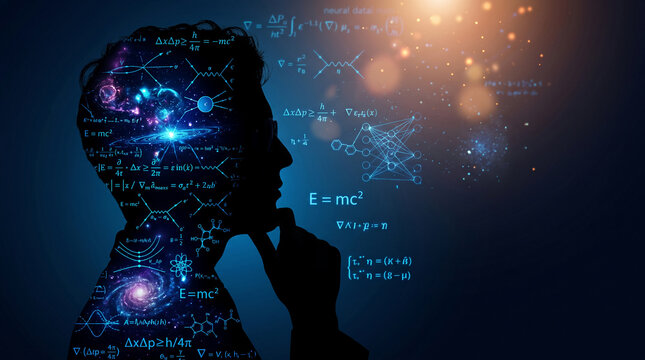 Silhouette head filled with galaxy and scientific formulas, symbolizing knowledge, thought, and discovery in science.