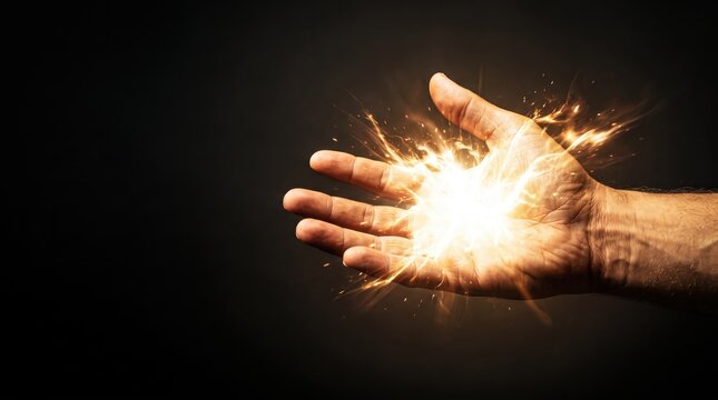 Human hand holding glowing magical light energy sphere, mystical power, supernatural force in palm, spiritual healing energy, bright sparkles against dark, fantasy magic effect
