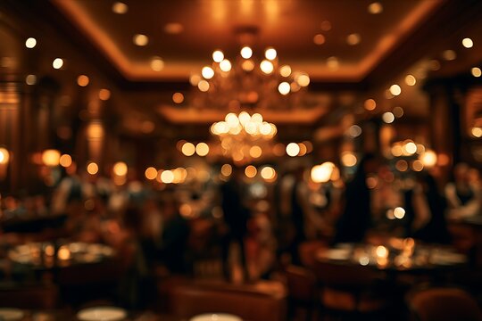 Blurred interior of a luxurious restaurant with warm lighting and chandeliers