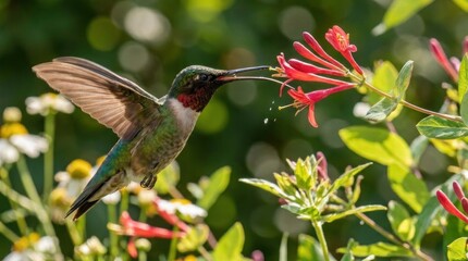 Obraz premium Hummingbird feeding on red flowers in a green garden.