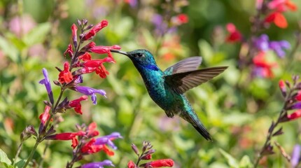Naklejka premium Hummingbird hovering by pink flowers in garden.