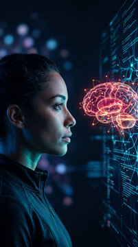 A woman observes a glowing, wireframe brain illustration over a dark background with code and bokeh lights, symbolizing AI and technological advancement.