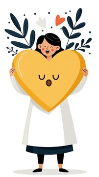 Cartoon female doctor holding a heart, isolated on white background, flat design illustration