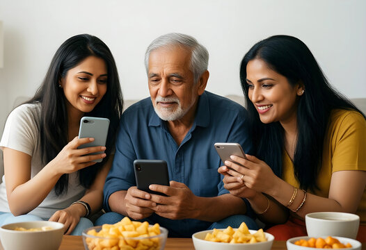 Indian family generation gap with father and adult daughters using smartphones on a sofa at home, Bowls of snacks are visible on a table in front of them, a casual and relaxed domestic setting