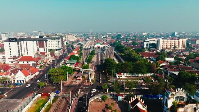 Drone panorama of Yogyakarta railway station and urban rail network