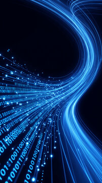Blue light trails with binary code flow across a dark background, symbolizing data transfer, technology, and speed, representing digital networks and innovation.