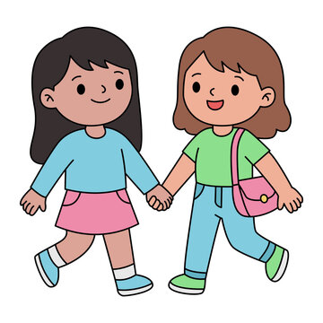 Cute illustration of two happy young girls walking hand in hand