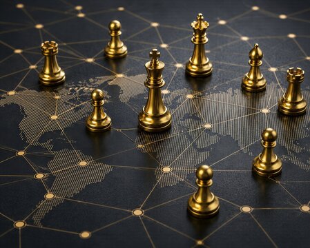 Chess pieces on world map with connected network lines for global business strategy and competition