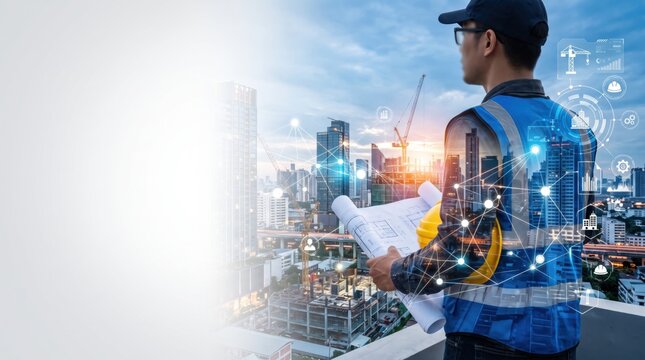 Civil engineer holding blueprints overlooking urban construction site with smart city network overlay showing connected buildings and infrastructure development project.