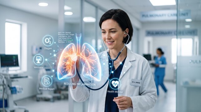 Smiling female doctor examining lungs with stethoscope and digital overlay, pulmonology specialist, respiratory health monitoring, oxygen therapy, medical report analysis