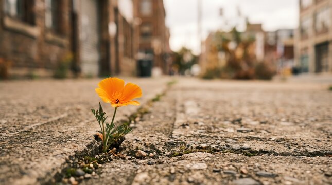 Orange flower growing through crack in urban pavement, symbolizing resilience, hope, nature&rsquo;s persistence amidst concrete jungle, environmental contrast, and beauty emerging from