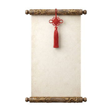 Blank antique parchment scroll with red Chinese knot tassel