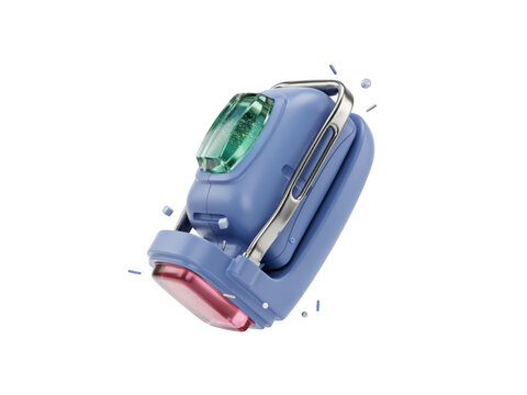Futuristic blue device with green crystal and red light