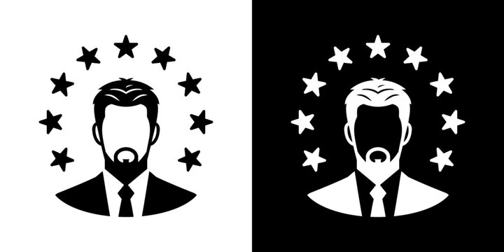 Elegant businessman icon with goatee beard and star rating arc. Black and white minimal user profile vector illustration.