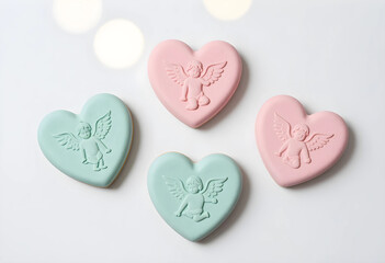 Fototapeta premium Pastel pink and mint green heart shaped cookies with cupid angel relief, valentines day dessert, isolated on white background