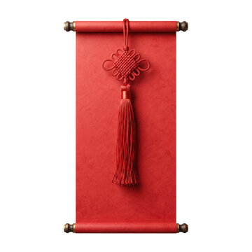 Traditional Chinese red scroll banner with Chinese knot tassel