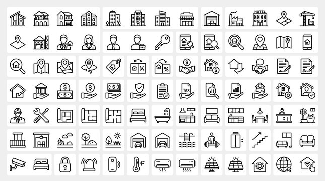 120 modern real estate outline icons with editable thin line symbols for property transactions architecture smart homes security and amenities