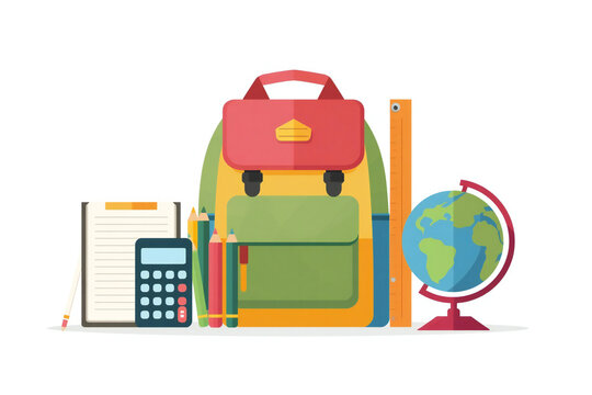 Flat Vector Illustration of School Backpack with Books, Pencils, Calculator and Globe