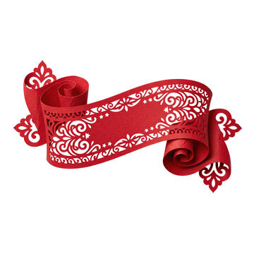 Traditional red paper cut scroll banner with ornate floral filigree